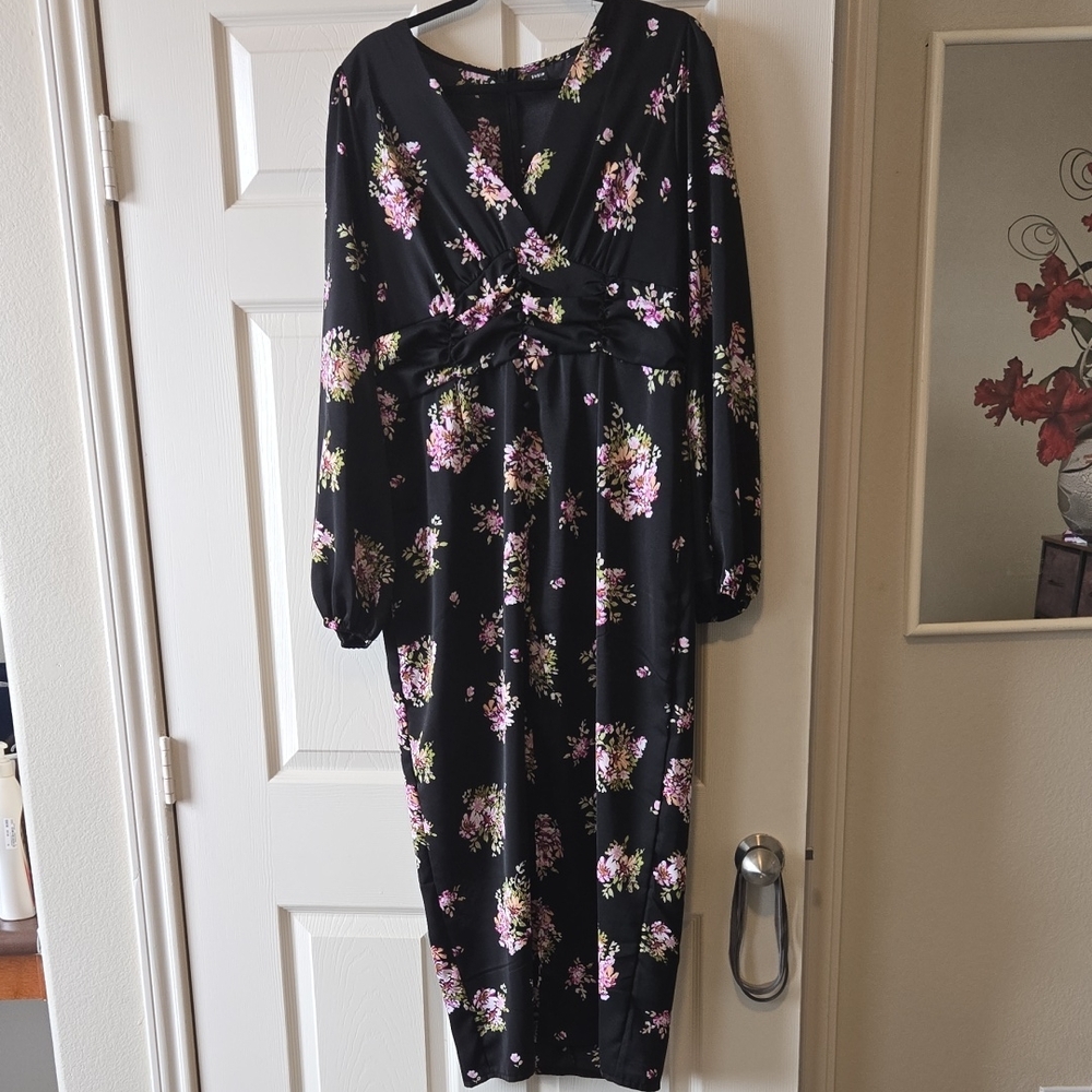 SHEIN Black Midi Dress with Pink Floral Print
